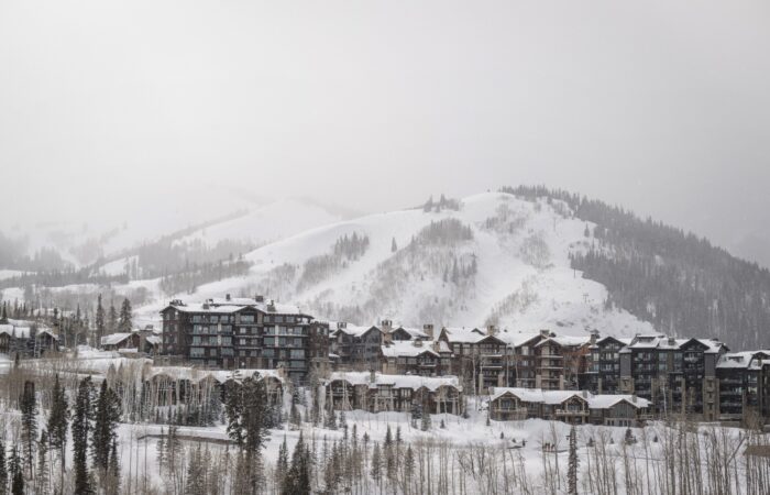 A view of snow covered buildings at Deer Valley
