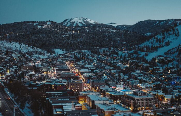 An aerial view of the lights of Deer Valley at night