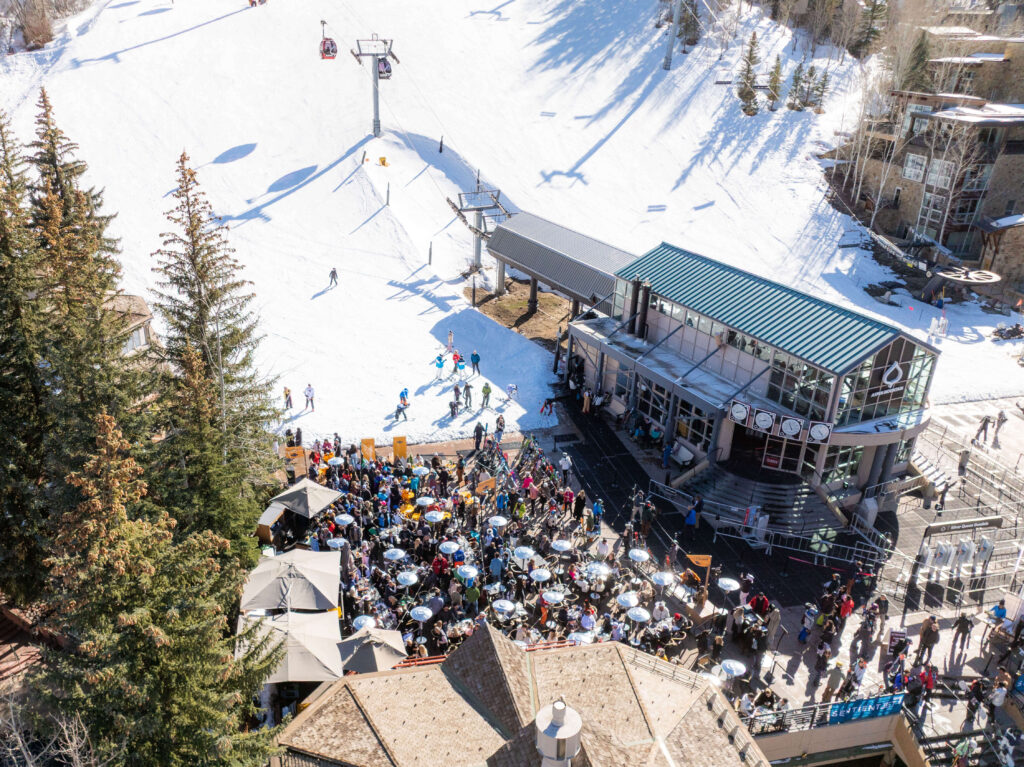Aerial view of apres ski at Ajax Tavern Aspen