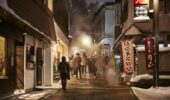 Traditional streets of Zao Onsen village at night