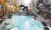 Large outdoor onsen bath surrounded by nature in Zao Onsen Japan