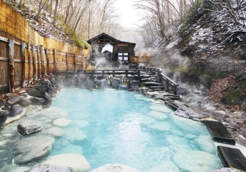 Large outdoor onsen bath surrounded by nature in Zao Onsen Japan