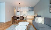 kitchen, dining and lounge area of Roku Niseko self-contained accommodation in Niseko Japan