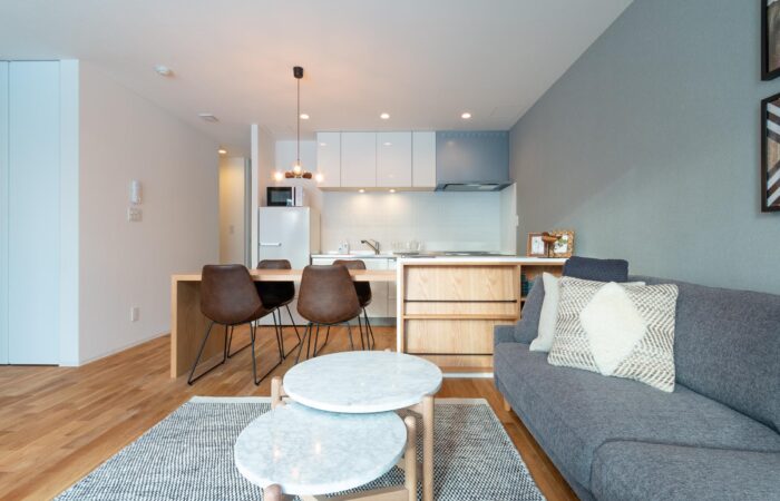 kitchen, dining and lounge area of Roku Niseko self-contained accommodation in Niseko Japan