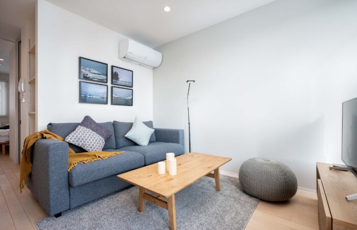 Sofa seating in the lounge room at Arthouse Apartments Furano