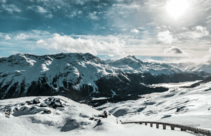 St. Moritz views of snow-covered mountains in the Swiss Alps.