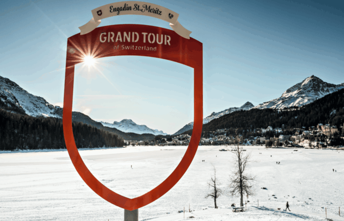 St Moritz sign photo opportunity in snow fields.