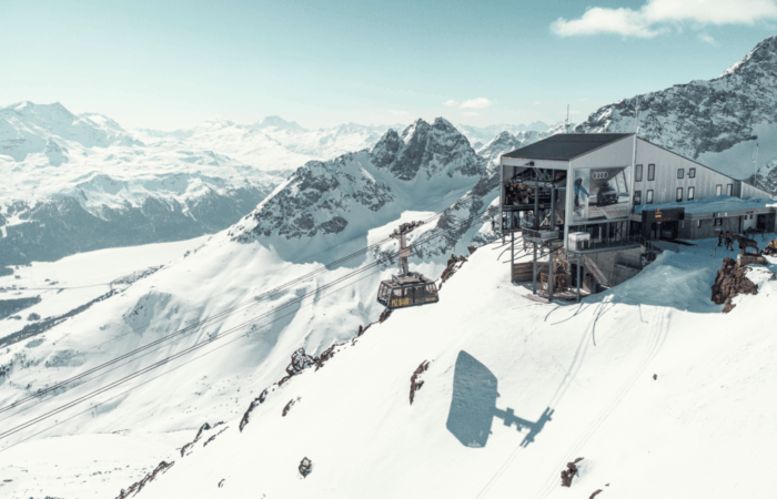 Luxury St. Moritz accommodation with panoramic views of snow-covered mountains in the Swiss Alps.