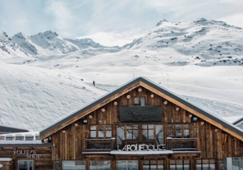 A wooden building amongst the snow at Val Thorens France