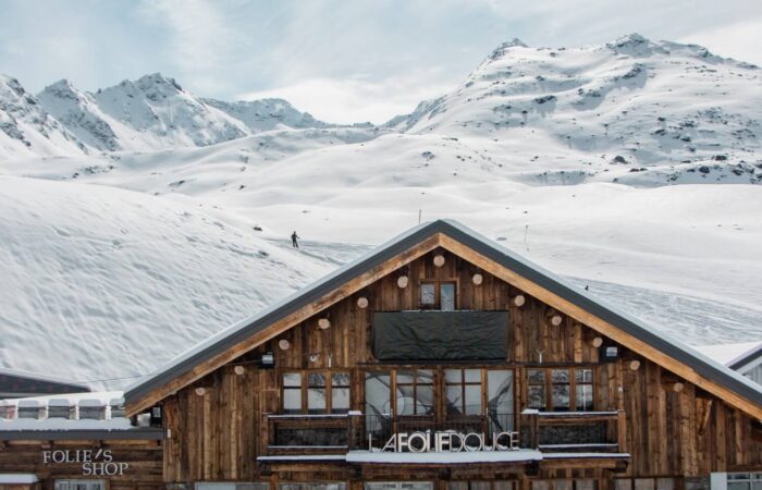 A wooden building amongst the snow at Val Thorens France