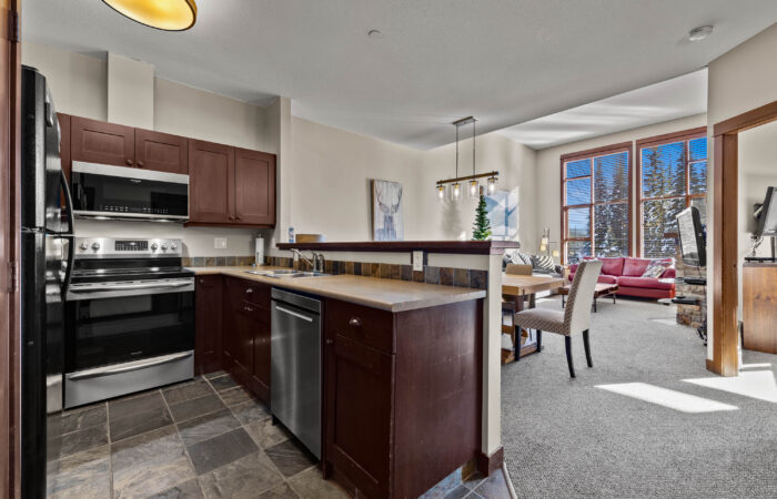 Kitchen and dining room at Stone's Throw accommodation Sun Peaks