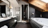 The bathroom of a studio room at Hotel Le Kaila, Meribel France