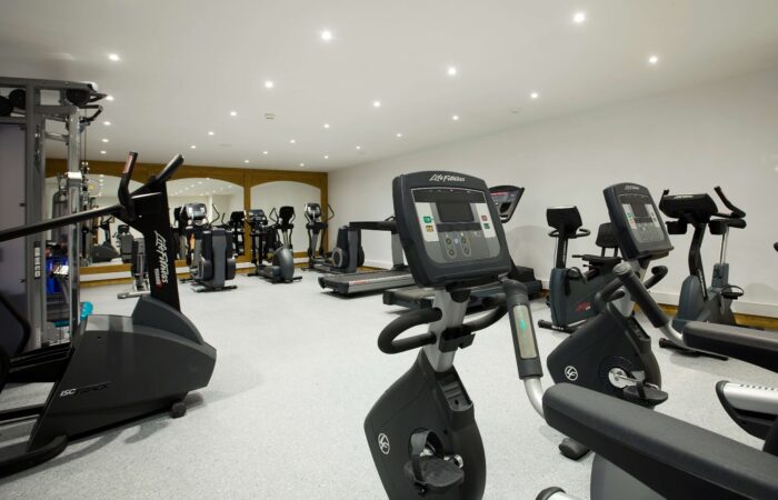 Exercise machines in the fitness room at La Chaudanne Hotel & Spa Meribel France
