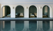 Feature arches at the indoor pool at Hotel Le Coucou Meribel France