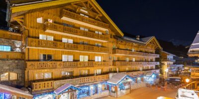 External night view of La Chaudanne Hotel & Spa Meribel France