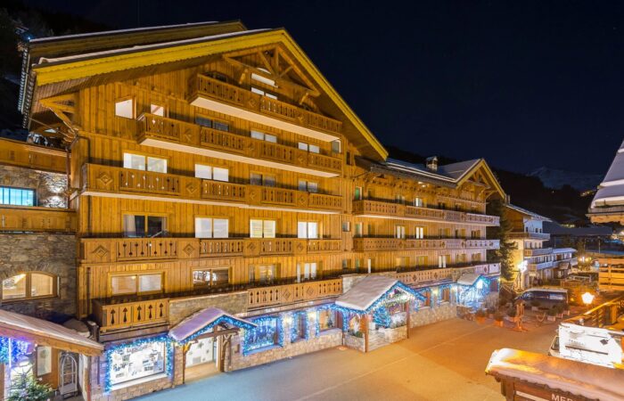 External night view of La Chaudanne Hotel & Spa Meribel France