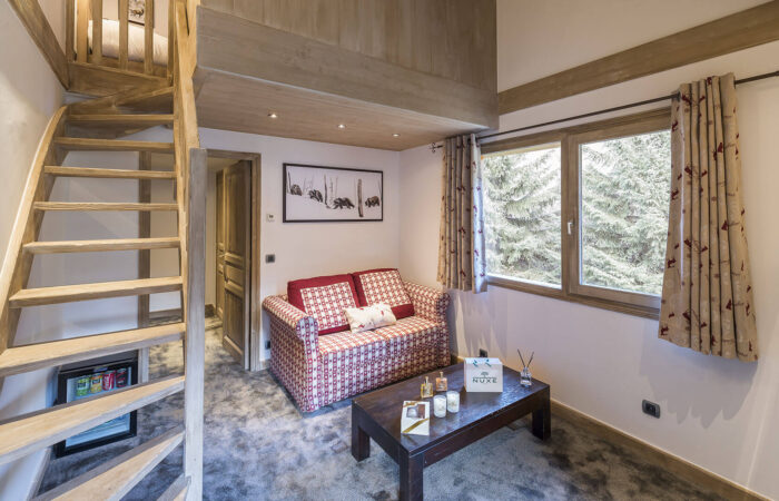 Living room view of the suite duplex at La Chaudanne Hotel & Spa Meribel