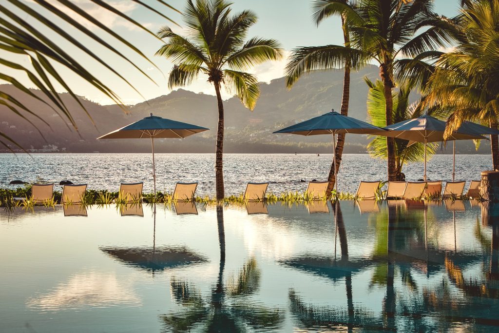 Club Med Seychelles view towards beach from resort pool