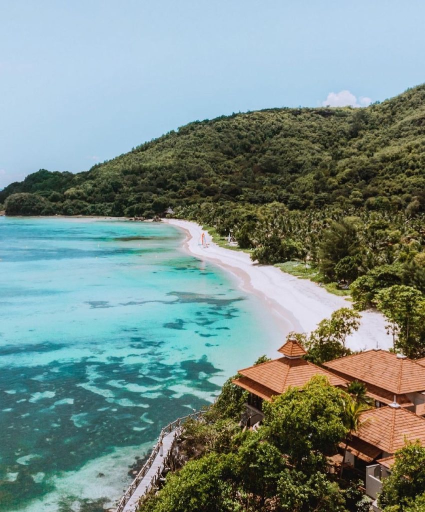 Club Med Seychelles aerial shot of resort, beach and landscape