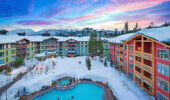 Aerial view of Mammoth Village covered in snow