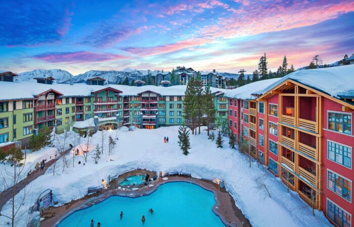 Aerial view of Mammoth Village covered in snow