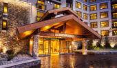 An exterior view of the entrance to Westin Monache Mammoth at night