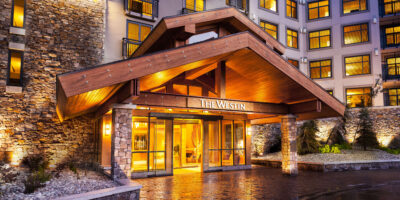 An exterior view of the entrance to Westin Monache Mammoth at night
