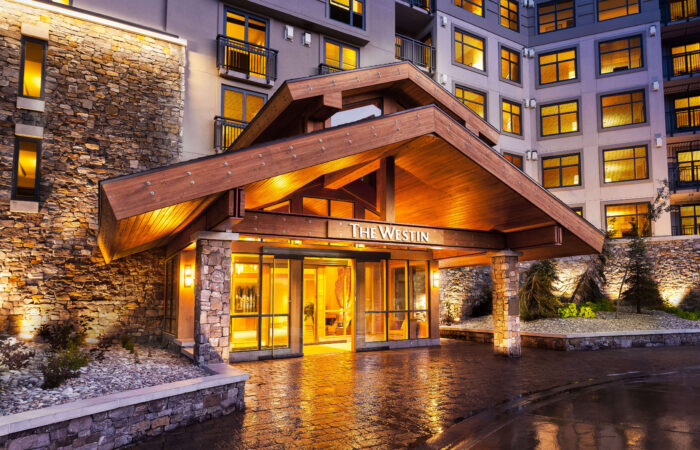 An exterior view of the entrance to Westin Monache Mammoth at night