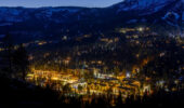 Aerial night shot of lights of Mammoth village