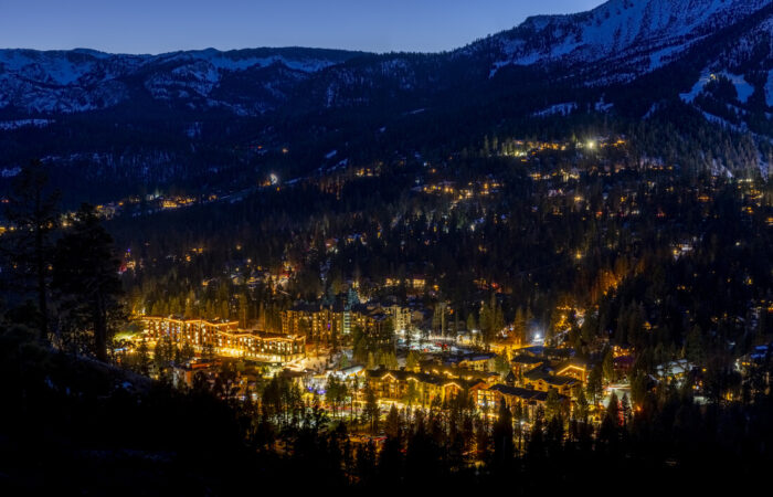 Aerial night shot of lights of Mammoth village
