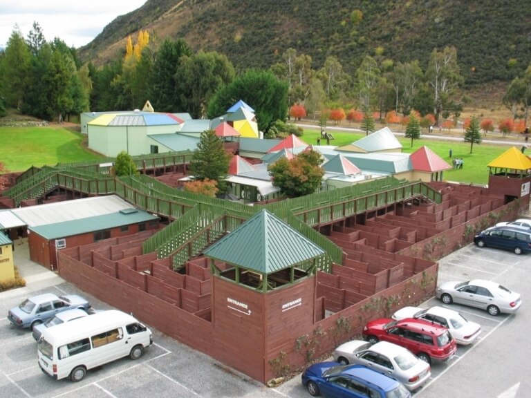 An aerial shot of the outdoor great maze at Puzzling World